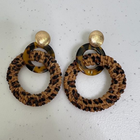 Animal Print Hoop Earrings Rattan Circle Big Statement Boho Tribal Plastic Brown - Picture 1 of 6